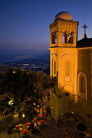 San Nicola di Bari church, Castelmola, Taormina in the background, Messina, Sicily, Italy, Europe