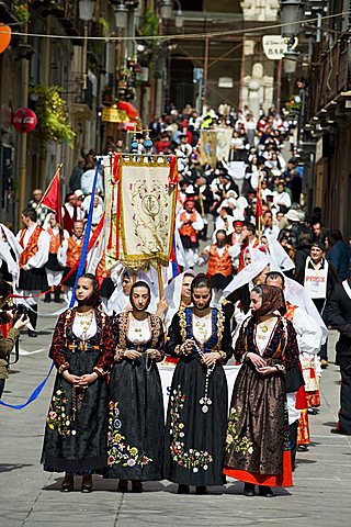 Women in traditional dress, Cagliari, Sant'Efisio traditional event, the most important religious feast in Sardinia, Italy