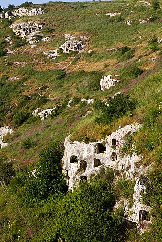 Square rock-cut tombs, Rocky Necropolis of Pantalica, UNESCO World Heritage Sites, river Anapo valley, Syracuse, Sicily, Italy