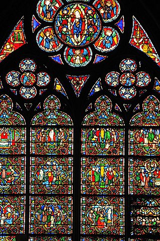 Stained glass window, Notre Dame Cathedral, Ile de la Cite, Paris, Ile-de-France, France, Europe