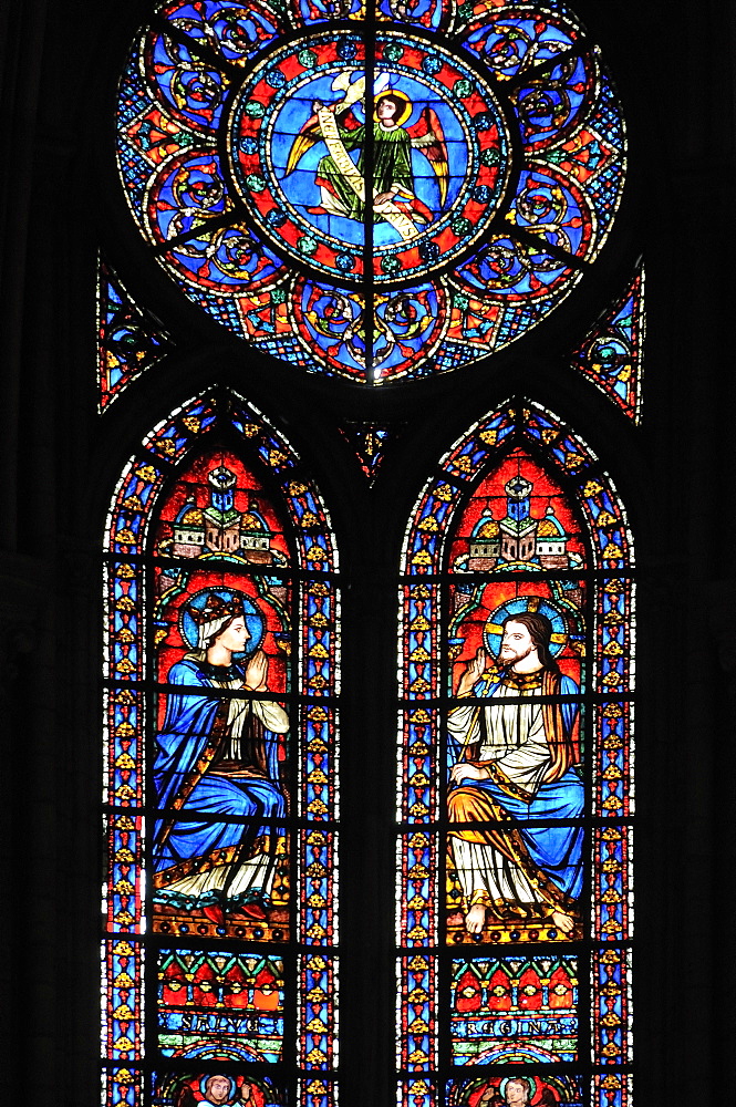 Stained glass window, Notre Dame Cathedral, Ile de la Cite, Paris, Ile-de-France, France, Europe