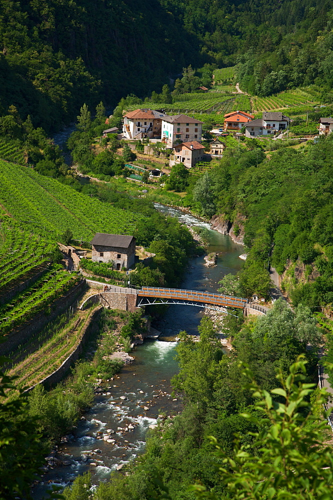 The Valle di Cembra valley and river Avisio, Piazzo di Segonzano, Trentino Alto Adige, Italy, Europe