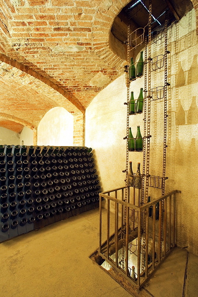 Bosca underground wine cathedral in Canelli, ancient bottle elevator, Asti, Piedmont, Italy, Europe