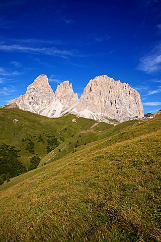 Landscape, Sella pass and view on Dolomitic group of  Sasso Lungo, Fassa valley, Trentino Alto Adige, Italy, Europe