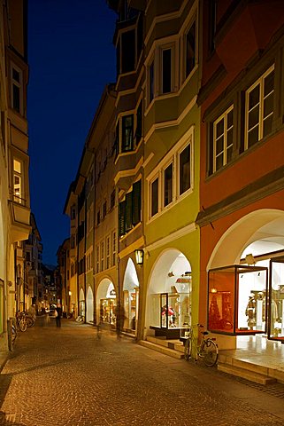 Foreshortening, Portici street at the twilight, Bolzano, Sudtirol, Alto Adige, Italy Europe