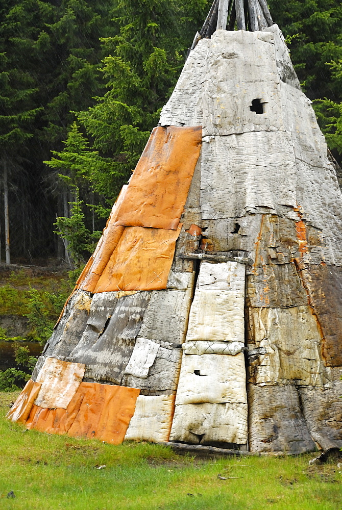 Tepee traditional conical tent made of animal skins by Native Americans, Reserve Faunique Assinica, Quebec, Canada