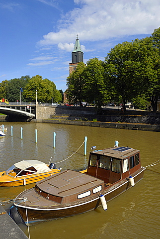 Ship-canal, in the background the Turku cathedral bell tower, Turku Abo, Finland, Scandinavia, Europe