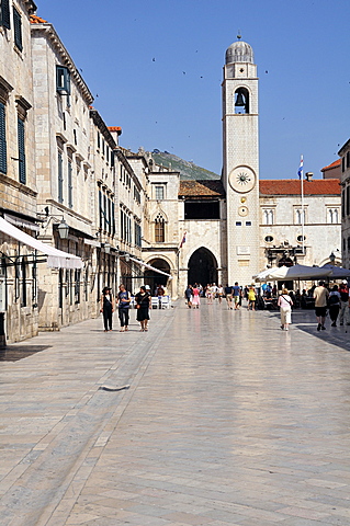 The clock tower in Luza square, Grad old town, Dubrovnik, Dalmatia, Croatia, Europe