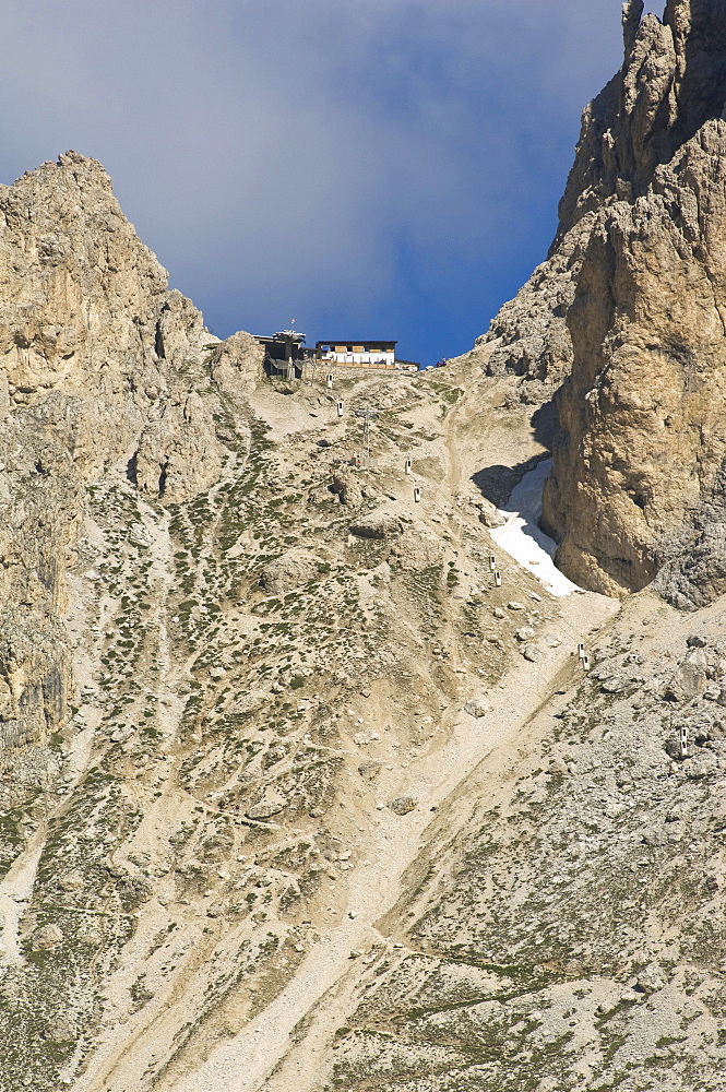 sassolungo mountain and demetz mountain hut, sella pass, italy