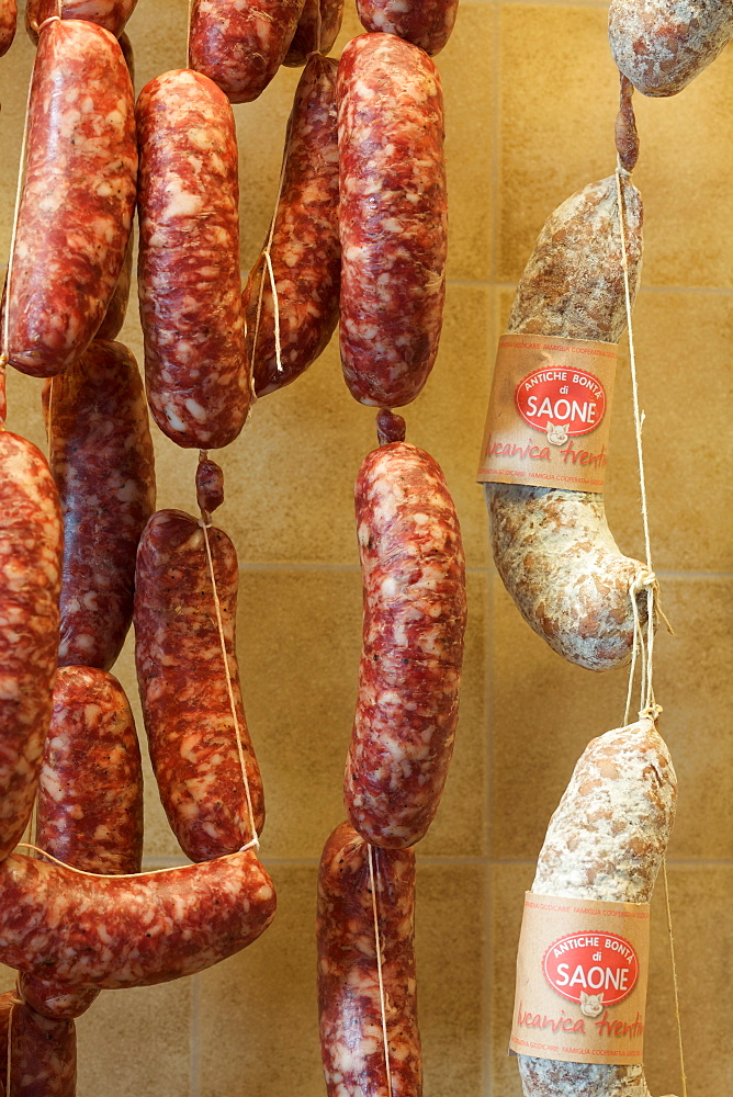 exposition of "salame all'aglio" at delicatessen of Saone, Giudicarie, Trentino, Italy, Europe