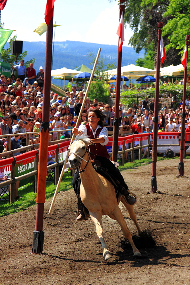 Cavalcata Oswald von Wolkenstein historical ride, Castelrotto, Alpi di Siusi, Trentino Alto Adige, Italy, Europe