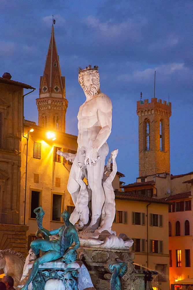 Neptune fountain, Signoria square at dusk Florence, Tuscany, Italy, Europe