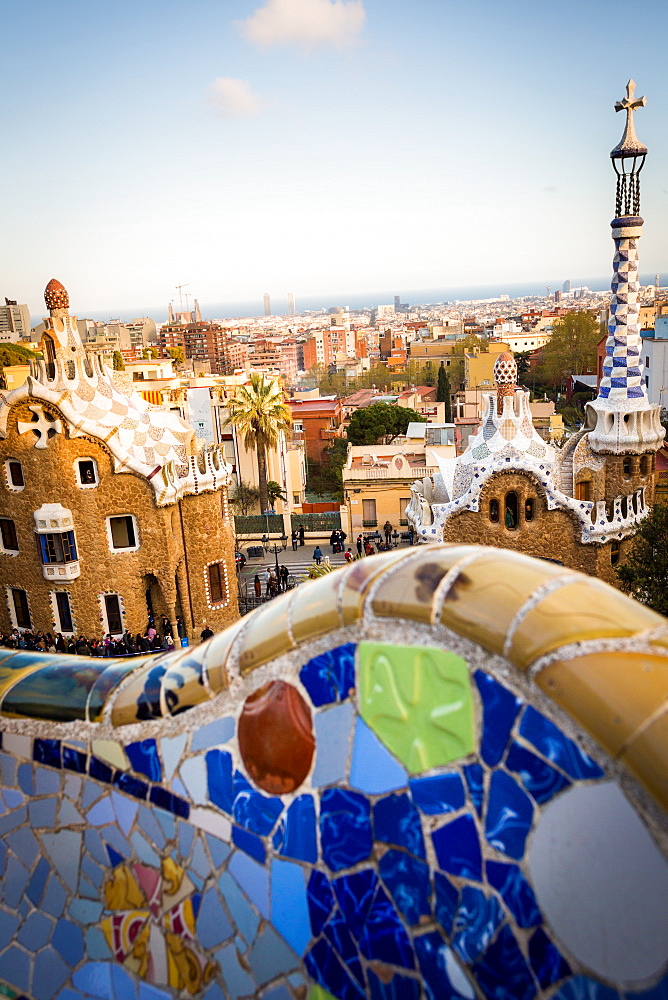 Details of the modernism Park Guell designed by Antoni GaudÃ­, Park Guell, Barcelona, Spain, Europe