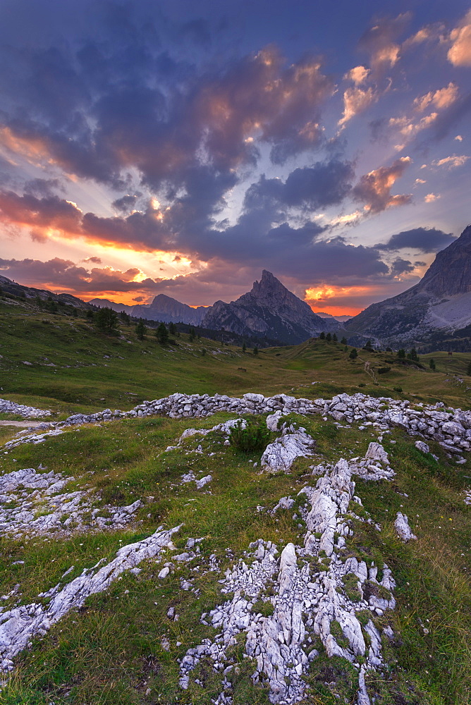 Clouds and light over the Sass de Stria during a beautiful sunsetFalzarego Pass, Cortina d'Ampezzo, Veneto, Italy, Europe