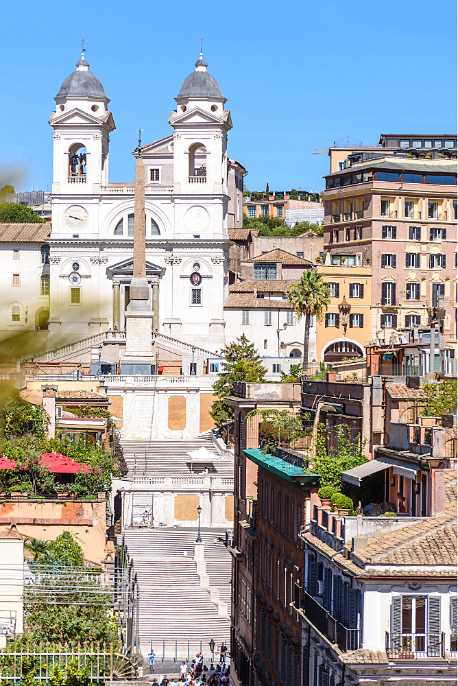 Fligh of steps, Church, Scalinata, Trinita dei Monti, Chiesa Trinita dei Monti, Tetti, Rome, Lazio, Italy, Europe