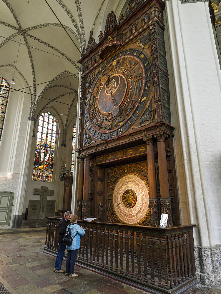 The medieval astronomic clock, the only one of its kind in good working condition. Church  Marienkirche, a landmark of Rostock.  The hanseatic city of Rostock .  Europe,Germany, Mecklenburg-Western Pomerania, June