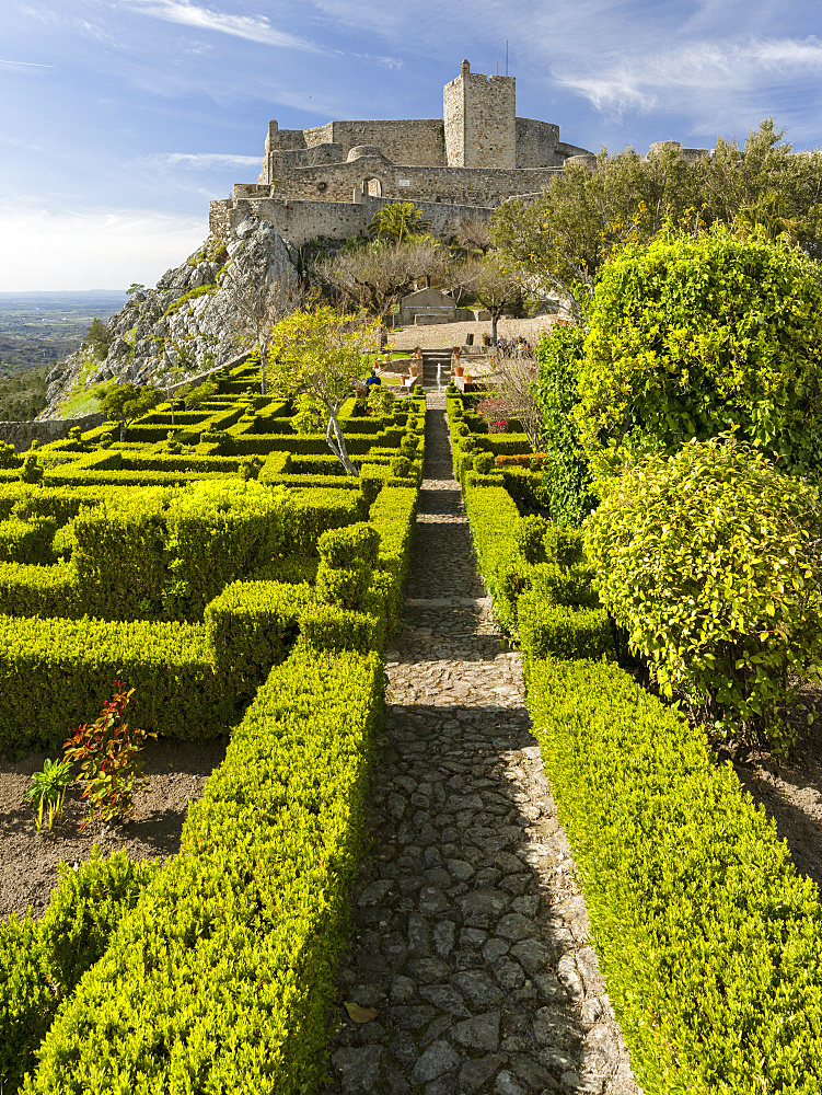 The castle dating back to moorish times in the middle ages.  Marvao a famous medieval mountain village and tourist attraction in the Alentejo.  Europe, Southern Europe, Portugal, Alentejo