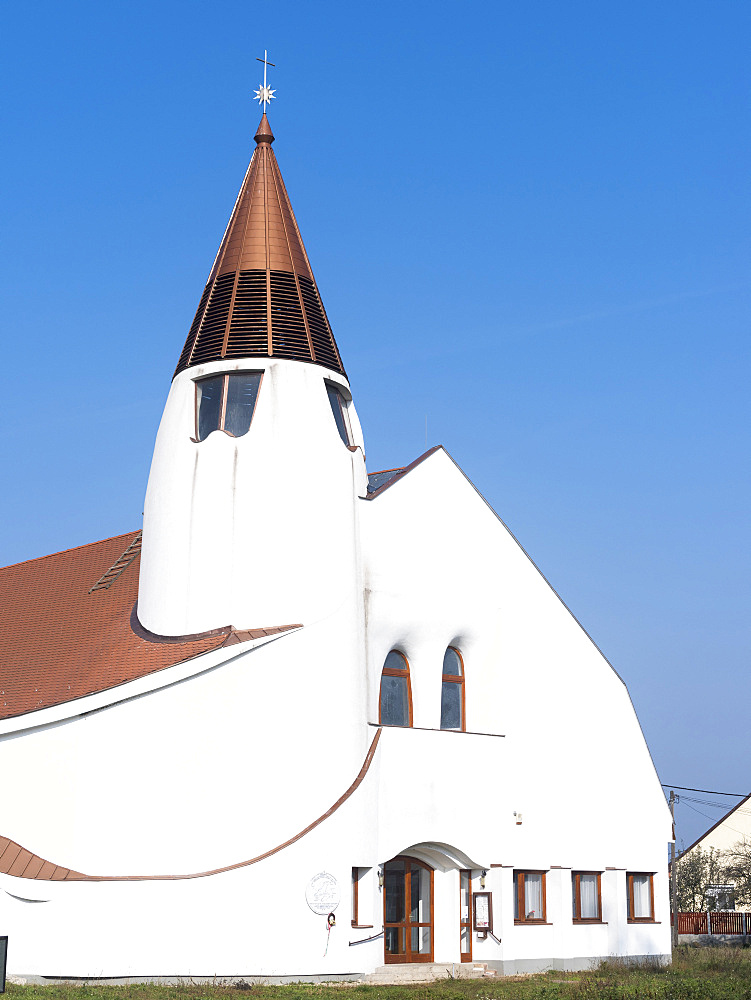 The Hortobagy church in typical hungarian architecture. Hortobagy is a small settlement and center of the Horotbagy National Park in the hungarian Puszta, which is listed as UNESCO world heritage. Europe, Eastern Europe, Hungary, November