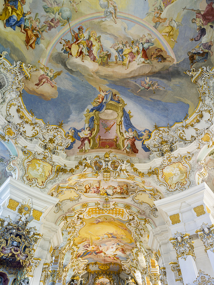 Wieskirche (Pilgrimage church of Wies) near Steingaden at the romantic road in Bavaria near the alps.  The Wieskirche is part of UNESCO world heritage.  Europe, Central Europe, Germany, Bavaria