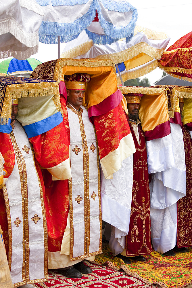 Priests with tabot on their head, Groups of dancers and musicans are celebrating timkatTimkat cerimony of the ethiopian orthodox church, Timkat procession is entering the jan meda sports ground in Addis Ababa, where the three day cerimony takes place, Timkat  is also the celebration of the baptism of Jesus, for this purpose sacred water is distributed, Africa, East Africa, Ethiopia, Addis Ababa, Africa, East Africa, Ethiopia, Addis Ababa