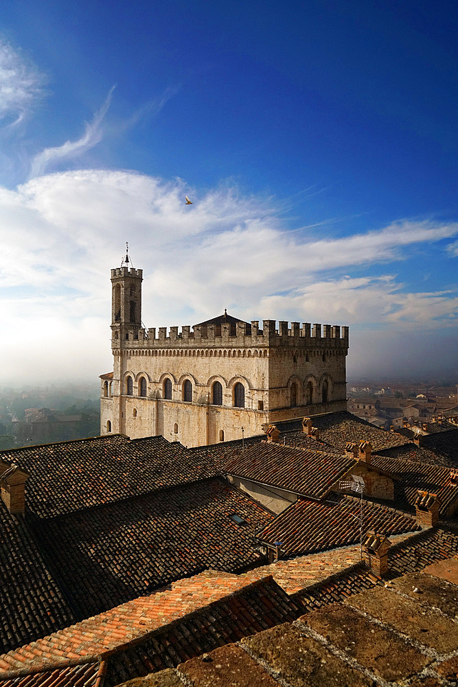 View of Palazzo dei Consoli palace from Giardini del Voltone garden, Gubbio, Umbria, Italy, Europe