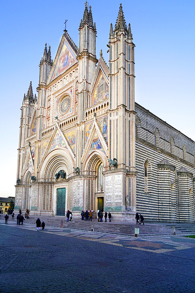 Façade of the Cathedral Basilica of Santa Maria Assunta is the main Catholic place of worship in Orvieto, and a masterpiece of Gothic architecture in Central Italy, Umbria, Italy, Europe