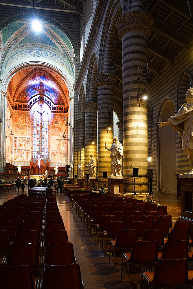 Interiors of the Cathedral Basilica of Santa Maria Assunta is the main Catholic place of worship in Orvieto, and a masterpiece of Gothic architecture in Central Italy, Umbria, Italy, Europe