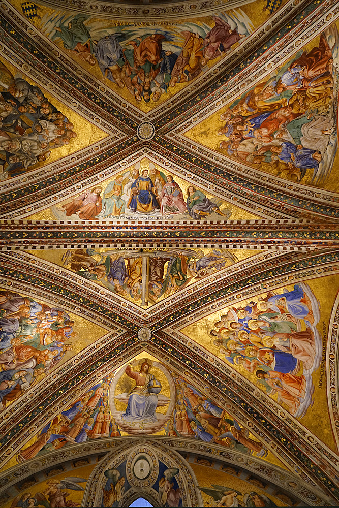 Frescoed ceiling of the Chapel of San Brizio, frescoed mainly by Luca Signorelli and recently restored, Cathedral Basilica of Santa Maria Assunta is the main Catholic place of worship in Orvieto, and a masterpiece of Gothic architecture in Central Italy, Umbria, Italy, Europe