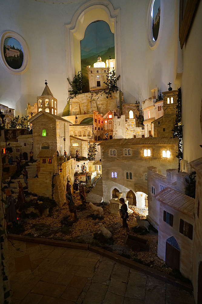 Christmas crib, Chiesa di San Francesco church, built at the end of the thirteenth century (1275), it stands on the highest place in the city (225 m above sea level), where it was certainly a Roman temple, Bevagna, Umbria, Italy, Europe