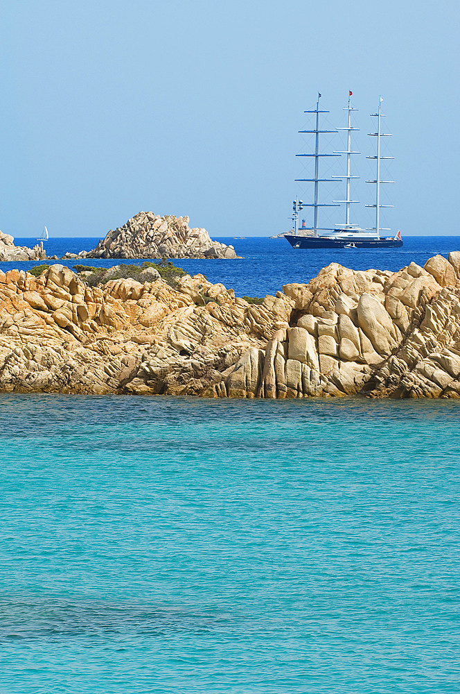 Falcon, Perini Yacht, Island of Budelli; La Maddalena Archipelago, Bocche di Bonifacio, Sardinia, Italy, Europe