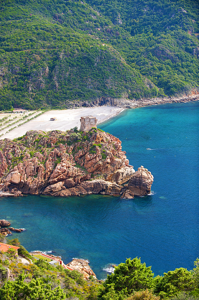 Porto and Genoese tower on rocky headland, Golfe Di Porto, Corsica, France, Europe