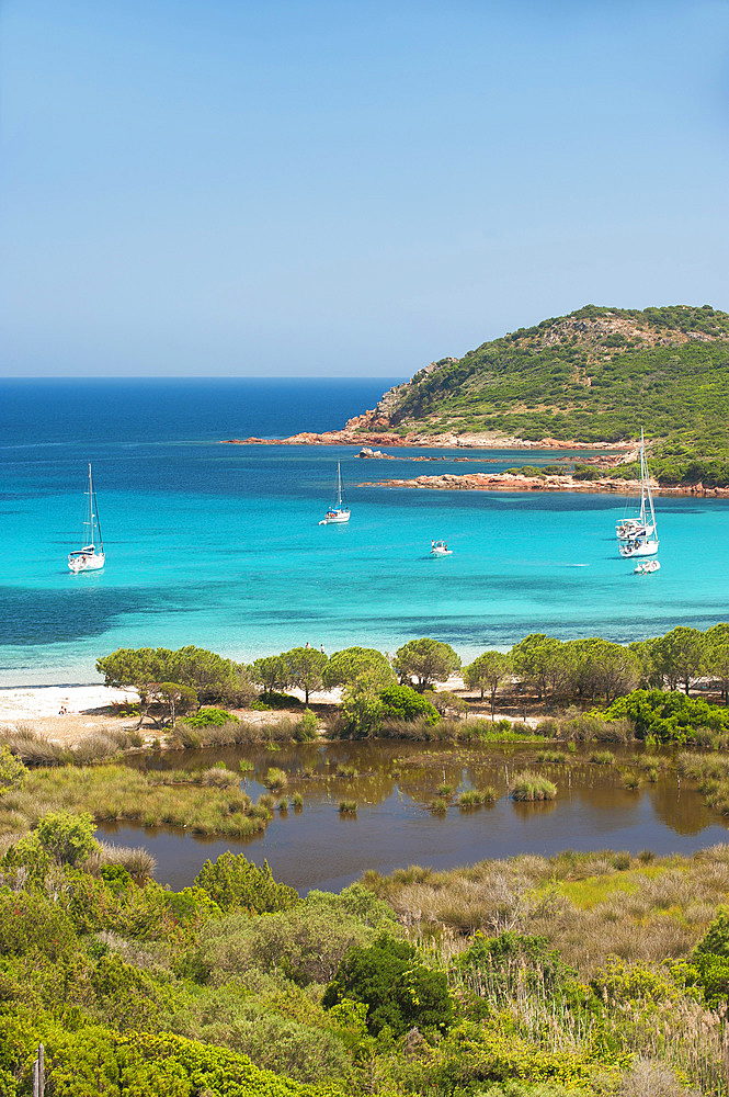 Rondinara bay seen from the side of the Prisarella pond, Corsica, France, Europe