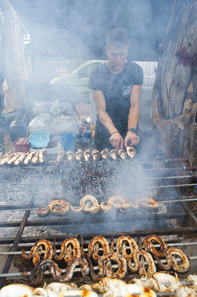 Mullet, Cuttlefish and Eels on the spit, typical Sardinia recipe, Campidano, Sardinia, Italy, Europe