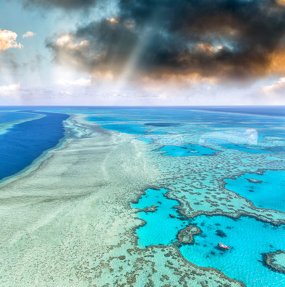 Aerial view of Coral Reef at sunset, Australia.