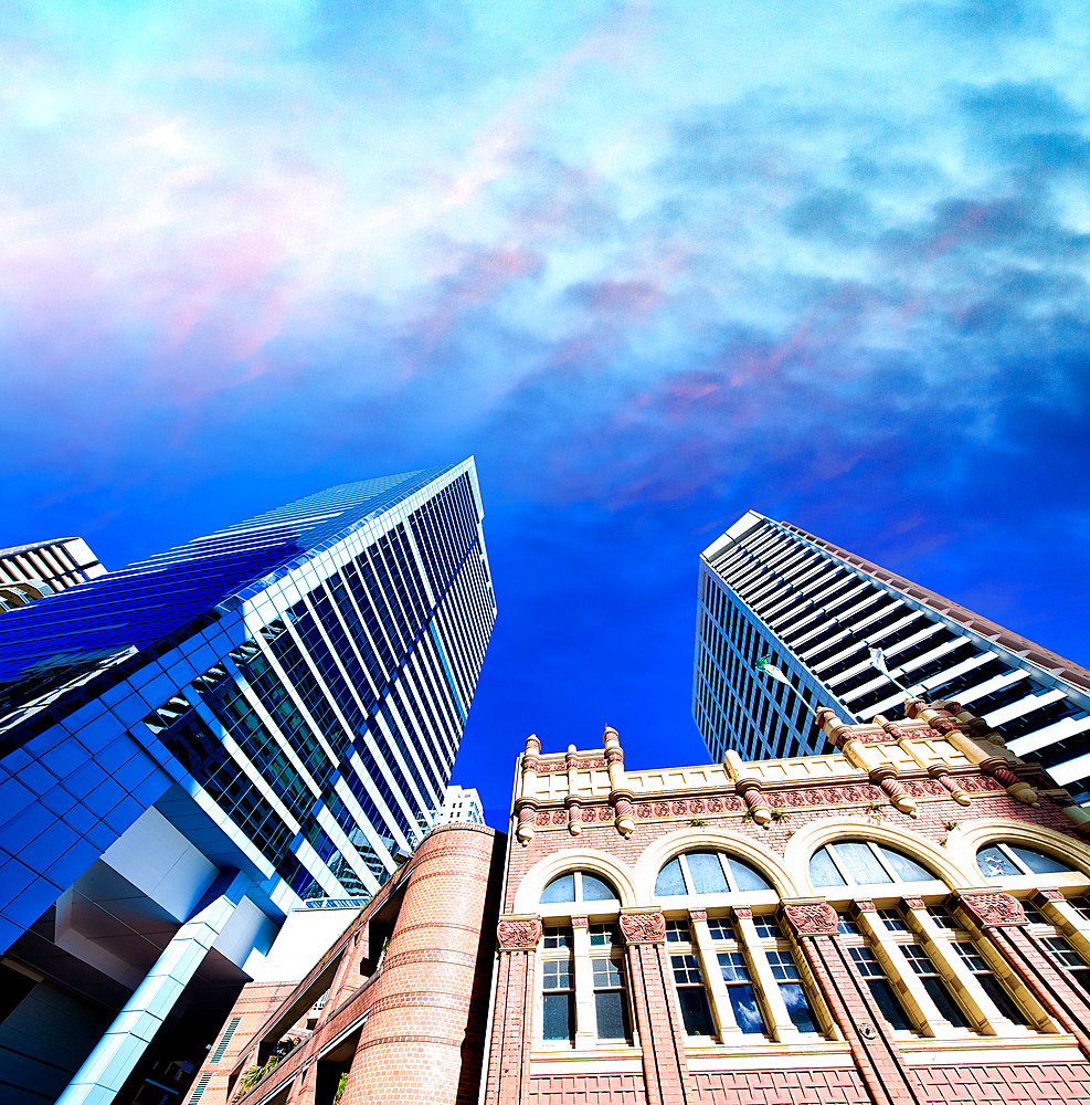 City buildings in Pitt Street, skyward view., Sydney.