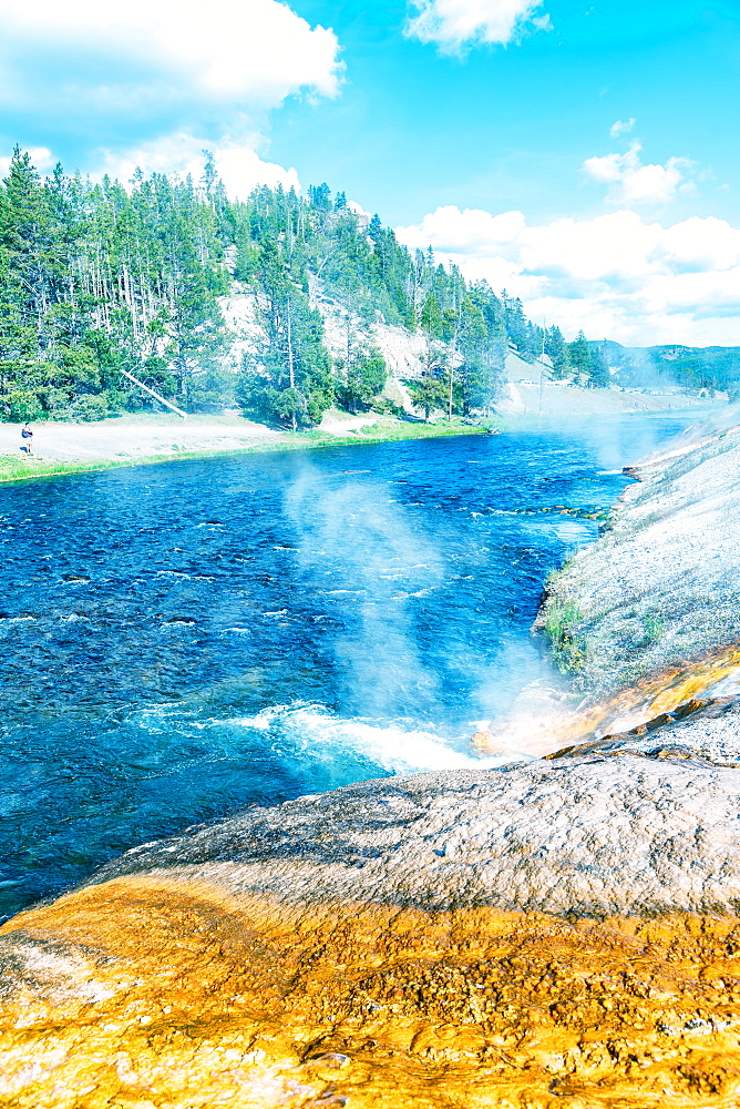 Firehole River in Yellowstone. Waterfalls of hot water.