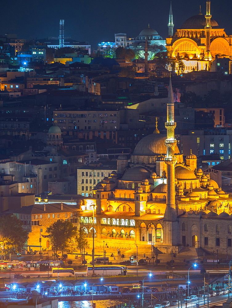 Yeni Cami, New Mosque. Istanbul night aerial view.