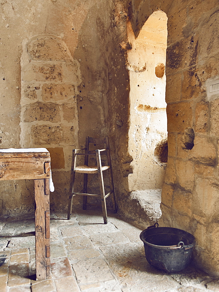 Dining rooms of the hotel Le Grotte della Civita, It is a hotel housed in ancient cave houses by the projects of "Sextantio", Matera, Basilicata, Italy, Europe