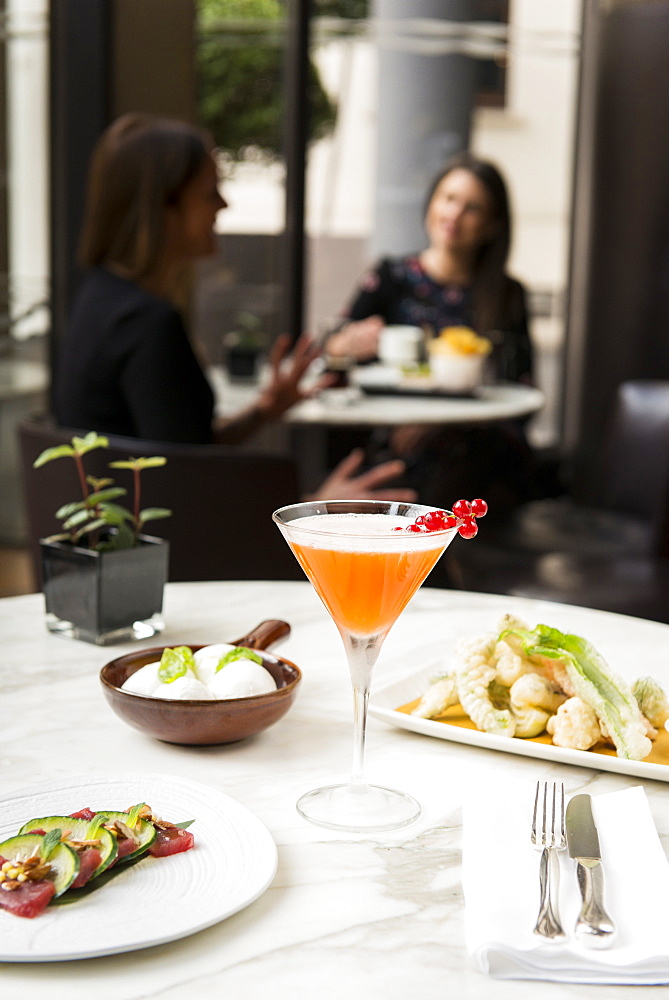 Still life of Bulgari cocktail with smoked mozzarella, seafood and fried vegetables at Il Bar inside Bulgari Hotel, Milan, Lombardy, Italy, Europe