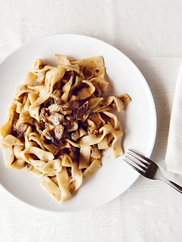 Hand made pasta fettuccine with organic porcini mushrooms, Il Giardino Di Epicuro restaurant, Maratea, Basilicata, Italy, Europe