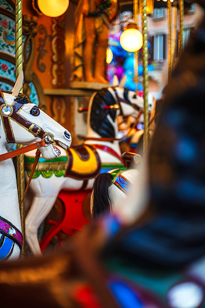 Ancient German Horse Carousel built in 1896 in Navona Square, Rome, Italy