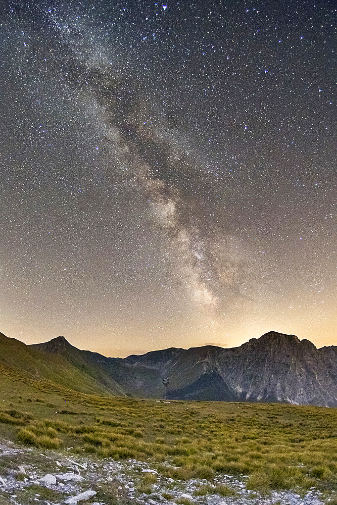 Monti Sibillini National Park, View of the Milky Way on the Monte Bove mountain, Fargno Pass, Ussita, Marche, Italy, Europe