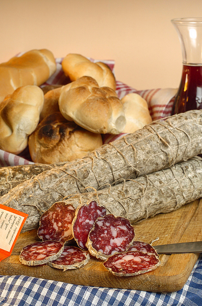 Goose salami, linked to the presence of the Jewish community in the Middle Ages in the city of Mortara, Pavia, Lombardy, Italy, Europe