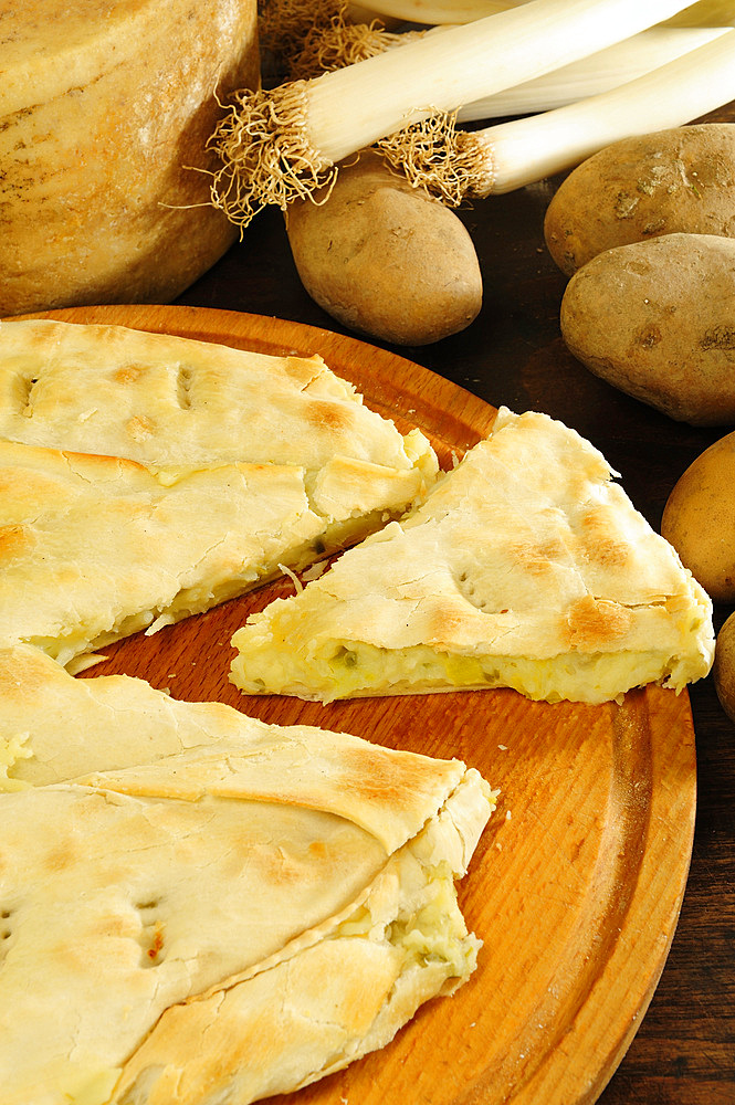 Potato cake, a typical dish of the so-called white cuisine of the hinterland of western Liguria; Mendatica; Imperia; Liguria, Italy