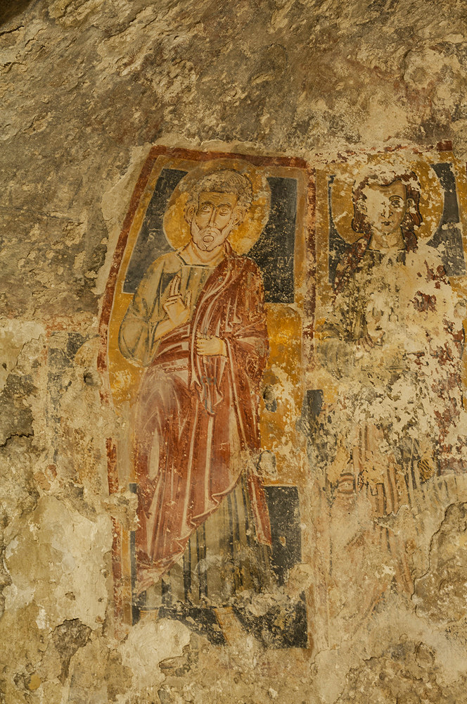 San Pietro in the frescoes of the XIII-XV century. in the rock church of San NicolÚ, city of Modica, Ragusa, Sicily, Italy, Europe; UNESCO World Heritage Site