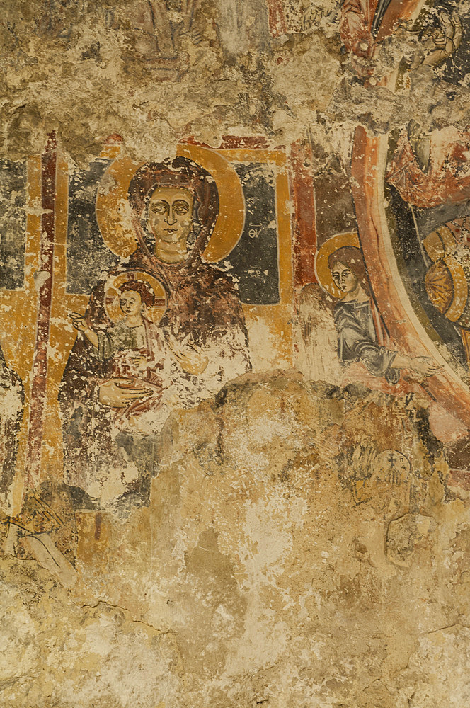 Madonna with child in the frescoes of the XIII-XV century. in the rock church of San NicolÚ, city of Modica, Ragusa, Sicily, Italy, Europe; UNESCO World Heritage Site