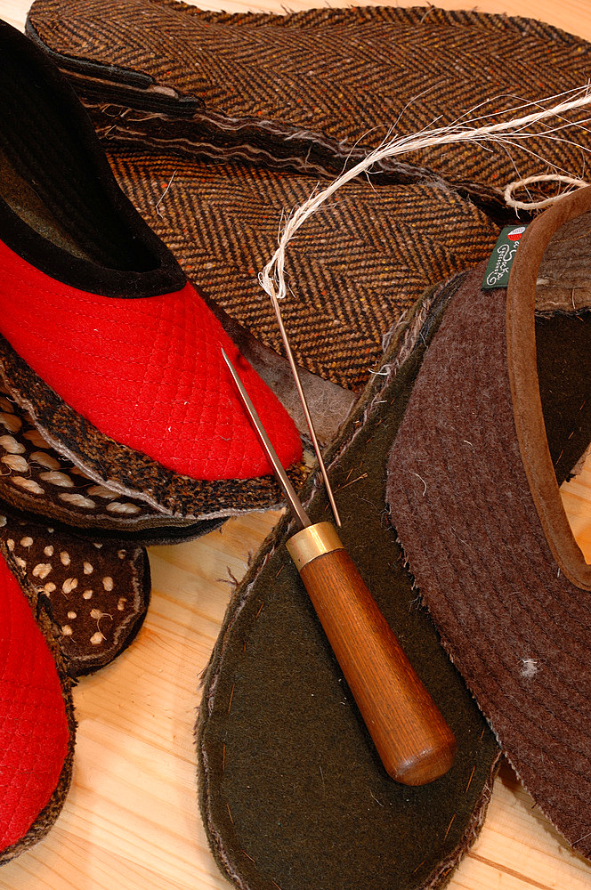 Traditional hand-sewn shoes of the village of Gressoney in Aosta Valley, Italy, Europe