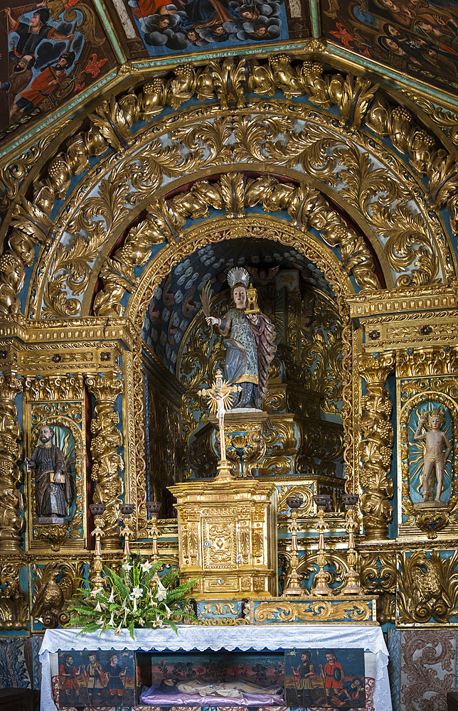 Church Igreja de Santa Barbara in Manadas. Sao Jorge Island, an island in the Azores (Ilhas dos Acores) in the Atlantic ocean. The Azores are an autonomous region of Portugal. Europe, Portugal, Azores