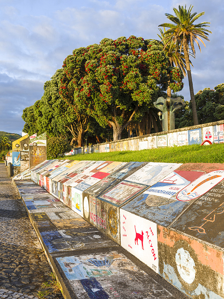 The marina with the famous drawings and paintings of sailors, a landmark of Horta. Horta, the main town on Faial. Faial Island, an island in the Azores (Ilhas dos Acores) in the Atlantic ocean. The Azores are an autonomous region of Portugal.