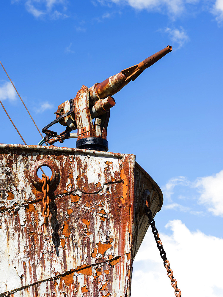 The Petrel a whale catcher. Grytviken Whaling Station in South Georgia. Grytviken is open to visitors, but most walls and roofs of the factory have been demolished for safety reasons. Antarctica, Subantarctica, South Georgia, October